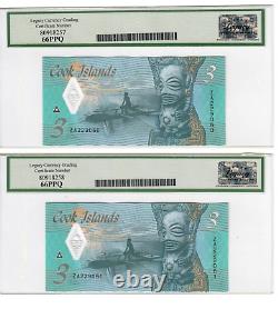 Cook Islands 2 Consecutive 1992 $3 Notes & 2 Consecutive 2021 Replacements 66PPQ