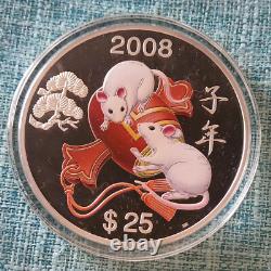 Cook Islands 2008 Year of The Rat / Mouse silver 5 oz 25 dollar color box/coa