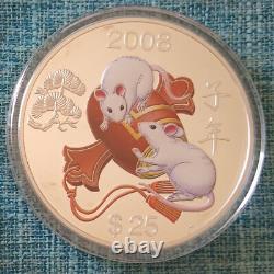 Cook Islands 2008 Year of The Rat / Mouse silver 5 oz 25 dollar color box/coa