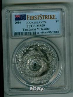 Cook Islands 2016 $2 Tamdakht Meteorite 1/2 Oz. 999 Silver Pcgs Ms-69