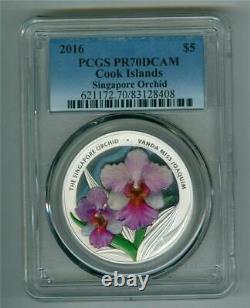 Cook Islands 2016 $5 Singapore Orchid 1 Oz. 999 Silver Pcgs Pr-70 Dcam