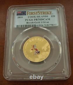 Cook Islands 2016 Gold 1/10 oz $20 PCGS PF70DCAM Brexit Colorized First Strike