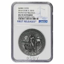 Cook Islands 2016 Norse Gods Freyr $10 High Relief 2 Oz Silver Coin NGC MS70 FR