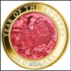 Cook Islands 2017 200$ Year Of The Rooster Mother Of Pearl Lunar 5oz Gold Coin