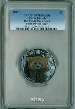 Cook Islands 2017 $5 Red Panda 1 Oz. 999 Silver Black Proof Pcgs Pr-70dcam