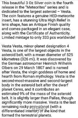 Cook Islands 2018 20$ Meteorite Vesta the Largest Asteroid 3oz Silver Coin