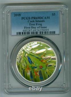 Cook Islands 2018 $5 Tree Frog 1 Oz. 999 Silver Colored Pcgs Pr-69dcam