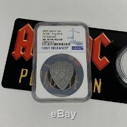 Cook Islands 2019 $2 ACDC Guitar Pick Plug Me In- Silver Coin MS 70 Antiqued FR