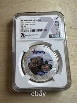 Cook Islands 2021 $5 US State Animal Series New York Beaver MS70 NGC silver Coin