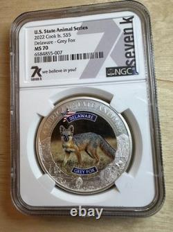 Cook Islands 2022 $5 Delaware Grey Fox MS70 NGC Silver Coin