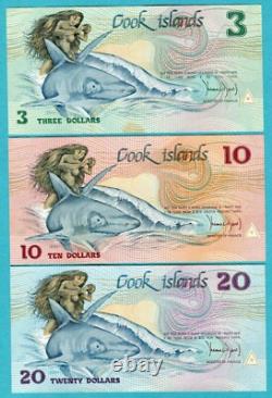 Cook Islands 3, 10, 20 Dollars ND(1987) P3, P4, P5a UNC