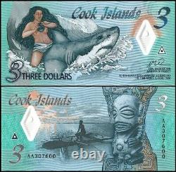 Cook Islands 3 Dollars, 2021 ND, P-11, UNC, Polymer X 100 PCS Bundle Pack