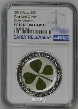 Four Leaf Clover 2018 Palau $5 Silver Coin Pf 70 Uc Er