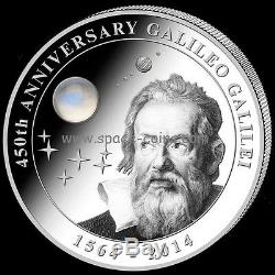 GALILEO GALILEI 450 Anniversary, 2 oz silver, 10$ Cook Island, 2014, Moonstone