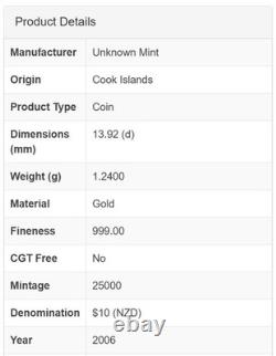 GOLD! LOST DUTCHMAN GOLD! $10 COOK ISLANDS 2006.999 Fine Gold Proof GOLD