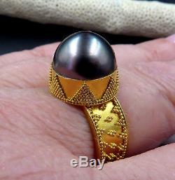 Gorgeous Solid 22k Gold Granulation Aaa Cook Islands Black Cultured Pearl Ring 8