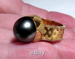 Gorgeous Solid 22k Gold Granulation Aaa Cook Islands Black Cultured Pearl Ring 8