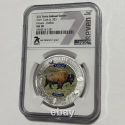 Kansas Buffalo US State Animals MS 70 NGC Coin 1 Troy Oz. 999 Fine Silver Round