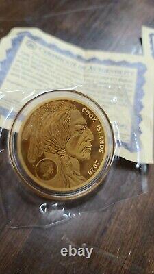 Large 2020 Cook Islands $25 1200mg. 999 Fine Gold Buffalo Coin & 3-$5-200 Mg