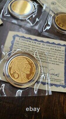 Large 2020 Cook Islands $25 1200mg. 999 Fine Gold Buffalo Coin & 3-$5-200 Mg