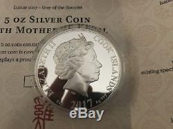 Lot Of 5 Cook Islands 5oz Silver Proof Mother Of Pearl Year Of Rooster