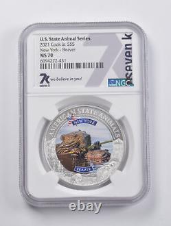 MS70 2021 Cook Islands $5 Silver NY Beaver State Animal Series Seven K NGC 2971