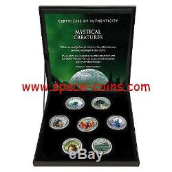MYSTICAL CREATURES 7 piece set with box & COA, Cook Islands, Enameled coins