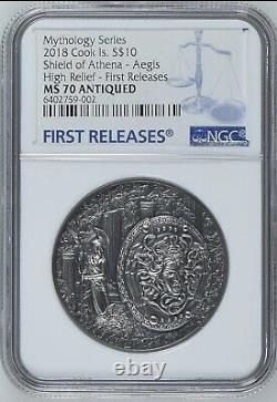 NGC MS70 FR Shield of Athena Silver Coin 2oz -Mythology Aegis, Cook Islands 2018