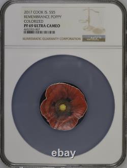 NGC PF69 ULTRA CAMEO REMEMBRANCE POPPY 1oz Silver Coin 2017 Cook Islands $5
