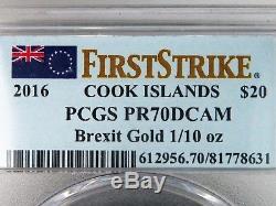 PCGS PR70DCAM FIRST STRIKE 2016 Cook Islands 1/10 oz Gold Brexit Proof Coin