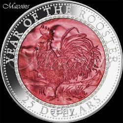Rooster Lunar Year In Mother Of Pearl 2017 Cook Islands 5 Oz 999 Silver Coin