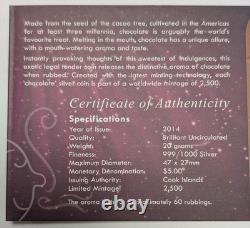 Rare 2014 Cook Islands. 999 Silver $5 Scented Chocolate Art Bar 20g