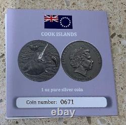 Rare 2015 Narwhal Unicorn of the Sea Cook Islands Silver Coin Antique Finish