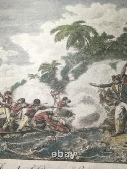 Rare Original 1788 Captain Cook Death Engraving Hawaii King Hand COLORED Antique