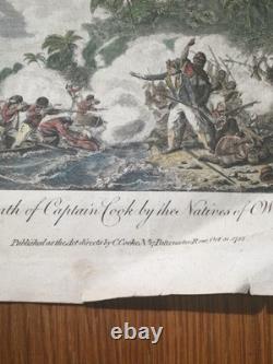 Rare Original 1788 Captain Cook Death Engraving Hawaii King Hand COLORED Antique