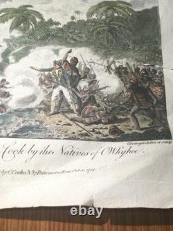 Rare Original 1788 Captain Cook Death Engraving Hawaii King Hand COLORED Antique