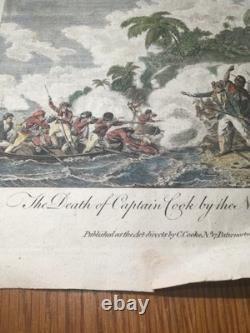 Rare Original 1788 Captain Cook Death Engraving Hawaii King Hand COLORED Antique