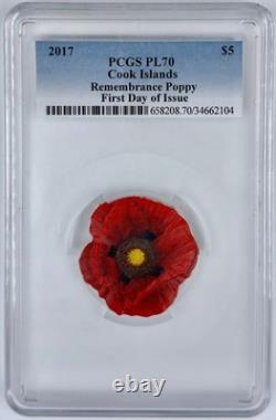 Remembrance Poppy 2017 Cook Islands Silver Coin $5 First Day Of Issue PCGS PL70