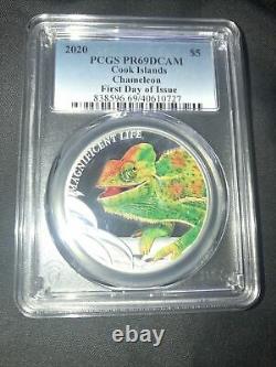 Silver 2020 Cook Islands chameleon PCGS PR69DCAM First Day Of Issue