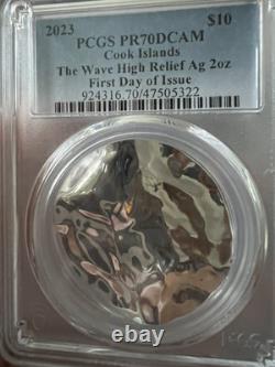 Silver 2023 Cook Islands 2oz The Wave PCGS PR70 DCAM First Day Issue Box