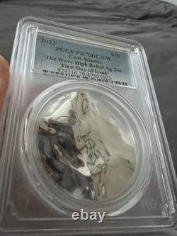Silver 2023 Cook Islands 2oz The Wave PCGS PR70 DCAM First Day Issue Box