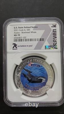 Silver MS70 2021 Cook Islands Silver $5 Alaska Bowhead Whale US State Animals