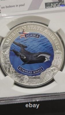 Silver MS70 2021 Cook Islands Silver $5 Alaska Bowhead Whale US State Animals