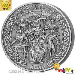 THE NORSE GODS 5 oz High Relief Antiqued Silver Coin Cook Islands 2016
