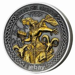 THOR Norse Gods Gold Plating 2 Oz Silver Coin 1$ Cook Islands 2020