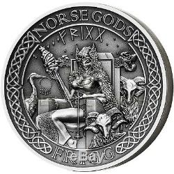 The Norse Gods Frigg 2 oz Antique Finish SIlver Coin Cook Islands