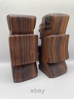 Vintage Solid Exotic Hardwood Carved Cook Islands Tiki Bookend Bar Decor