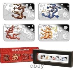 WoW! 2012 COOK ISLANDS Lunar DRAGON 4 Rectangular SILVER coins in Display Case